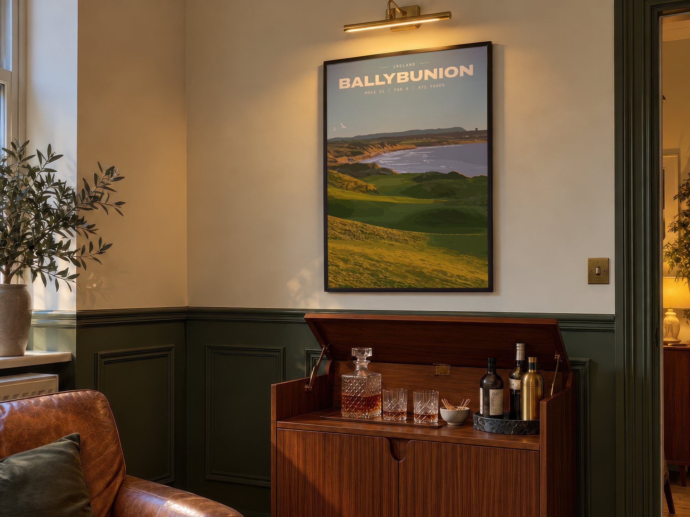 Ballybunion 11th golf print framed above a bar cabinet