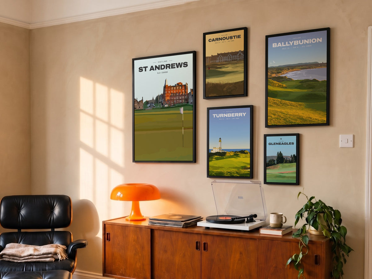 Sunday Pin Club golf prints hanging on a living room wall above a sideboard
