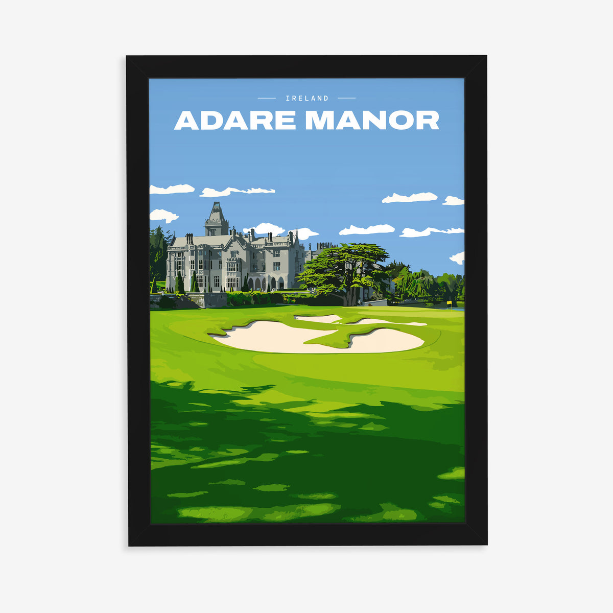 Adare Manor golf print of the manor house behind a green and bunkers, in a black frame on a plain wall