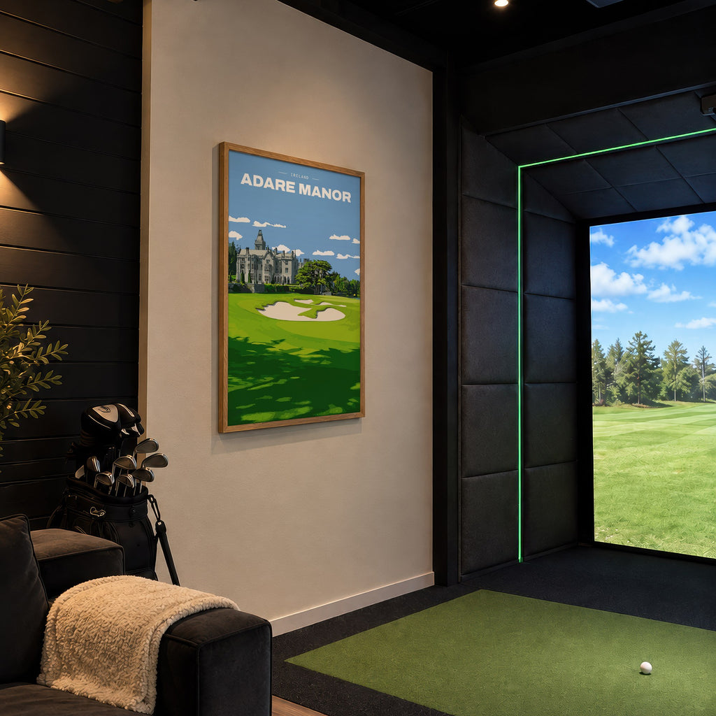 Adare Manor golf print of the manor house behind a green and bunkers, framed in a golf simulator room