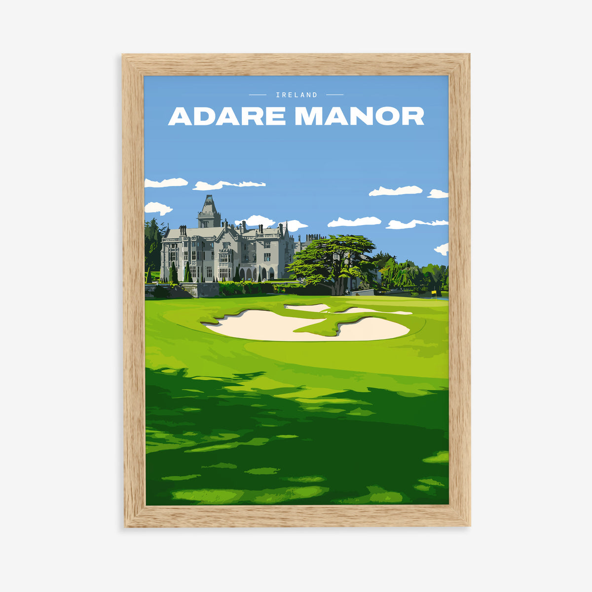 Adare Manor golf print of the manor house behind a green and bunkers, in a natural wood frame on a plain wall
