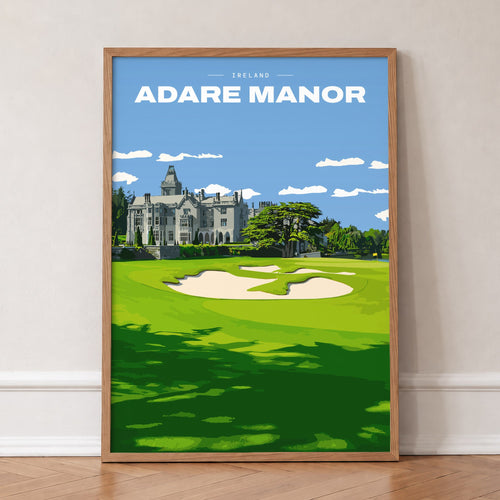 Adare Manor golf print of the manor house behind a green and bunkers, in an oak frame, leaning against a wall on a herringbone floor