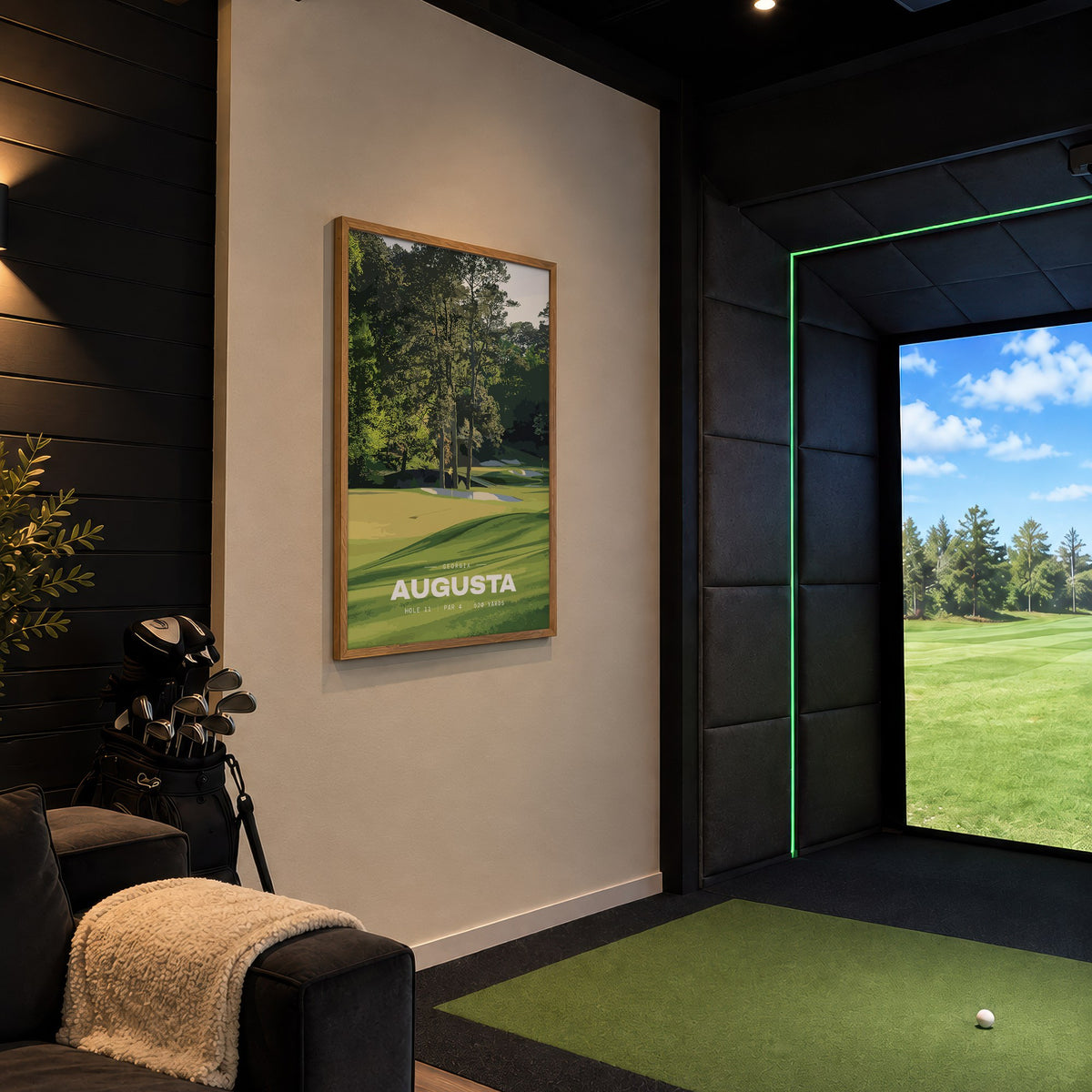 Augusta 11th hole golf print of a green below tall Georgia pines, framed in a golf simulator room