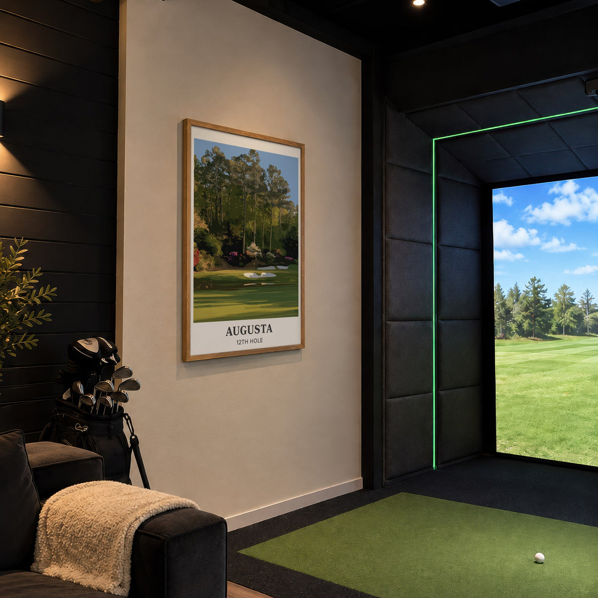 Augusta 12th hole golf print of a par 3 green below azaleas, cream border, framed in a golf simulator room