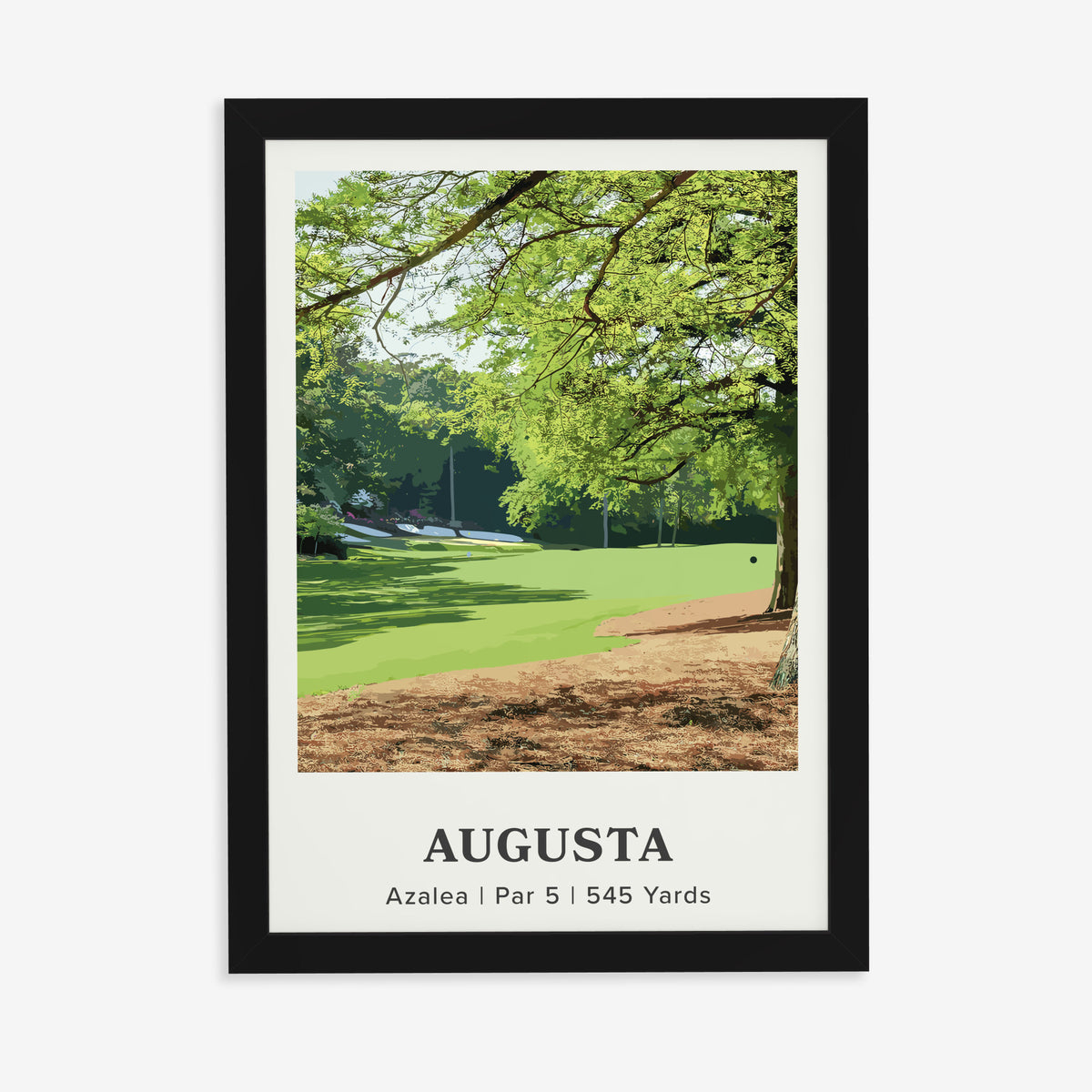 Augusta 13th hole golf print of a par 5 fairway under oak and pines, in a black frame on a plain wall