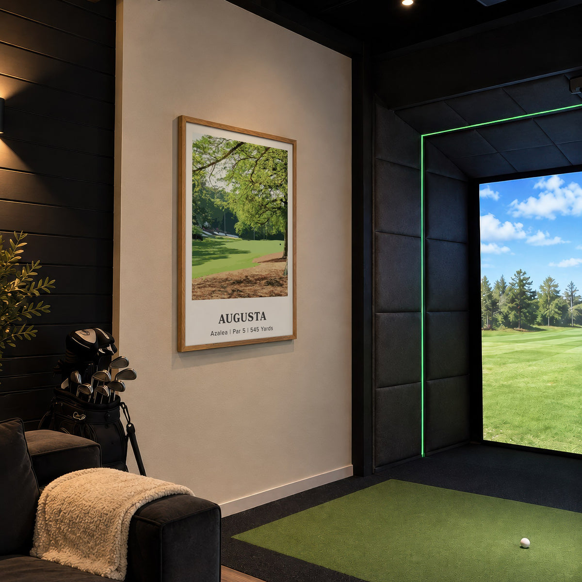 Augusta 13th hole golf print of a par 5 fairway under oak and pines, framed in a golf simulator room