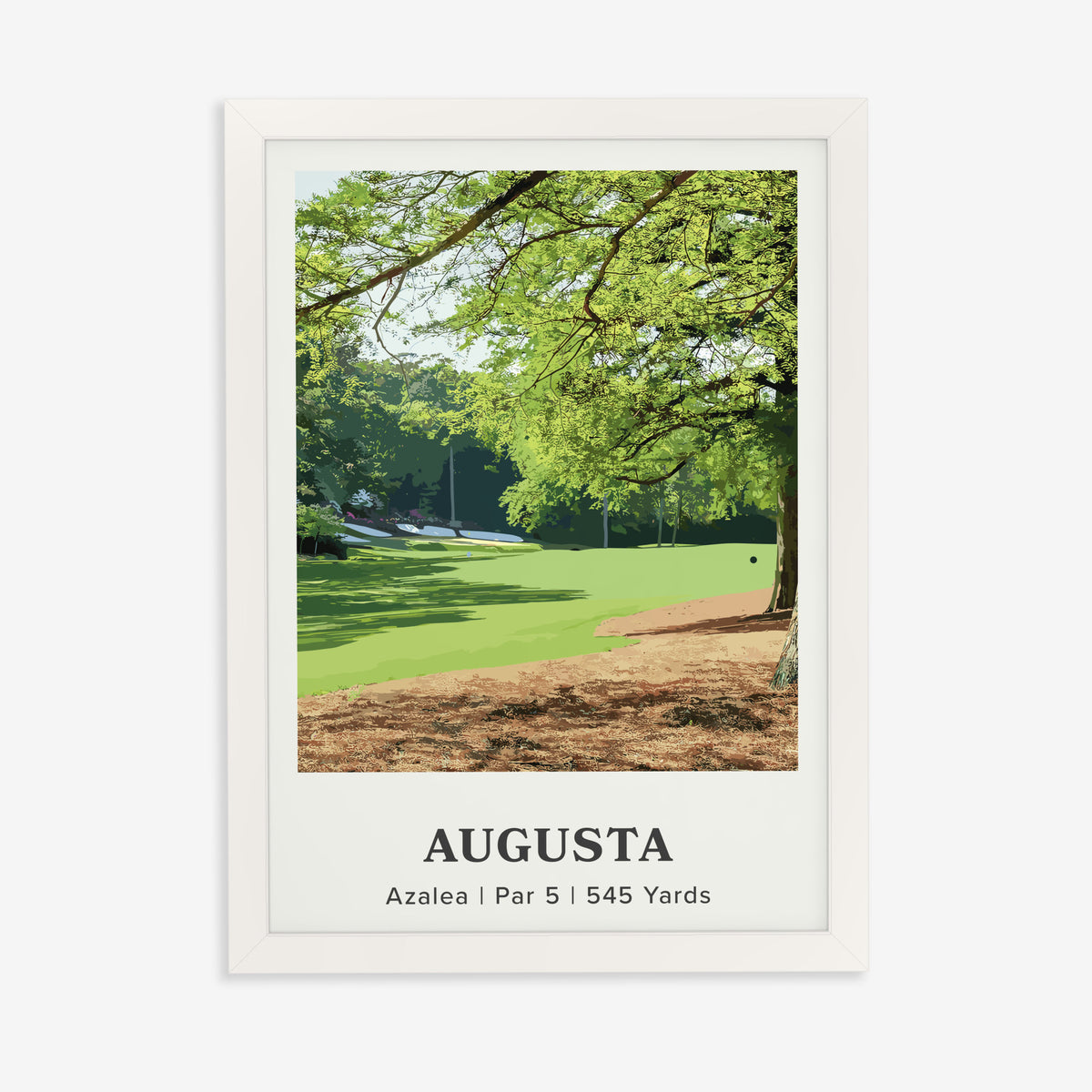 Augusta 13th hole golf print of a par 5 fairway under oak and pines, in a white frame on a plain wall