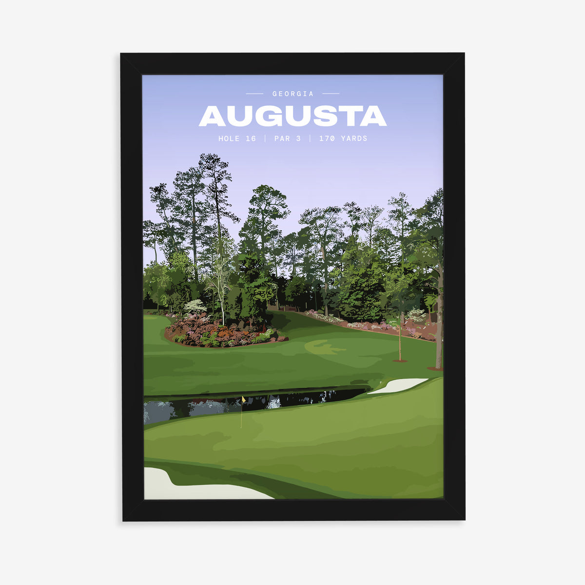 Augusta 16th hole golf print of a par 3 green across water, azaleas behind, in a black frame on a plain wall