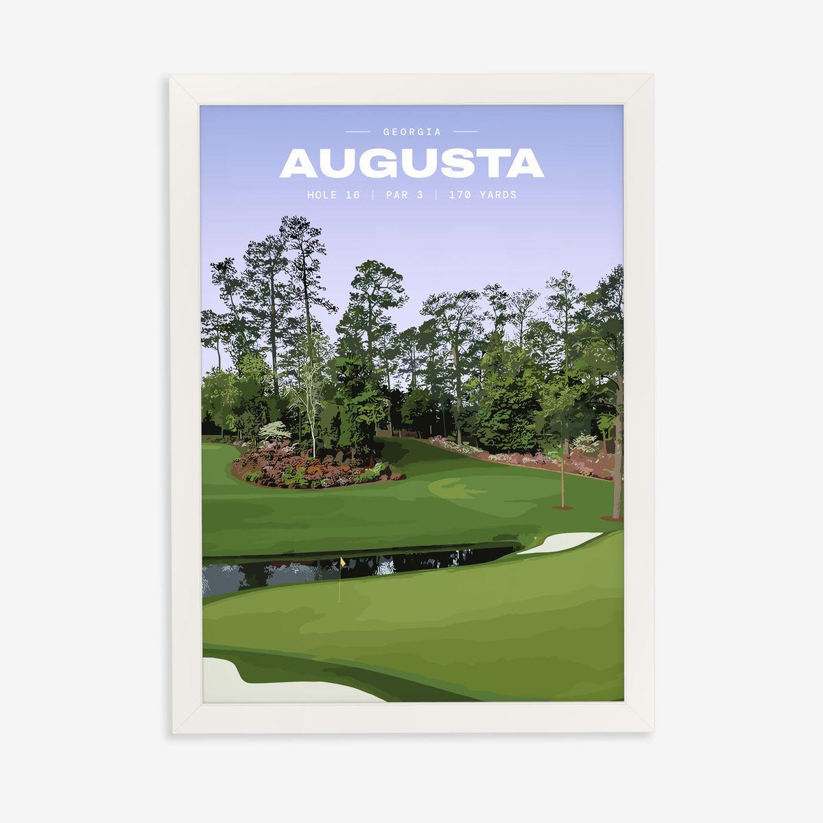 Augusta 16th hole golf print of a par 3 green across water, azaleas behind, in a white frame on a plain wall
