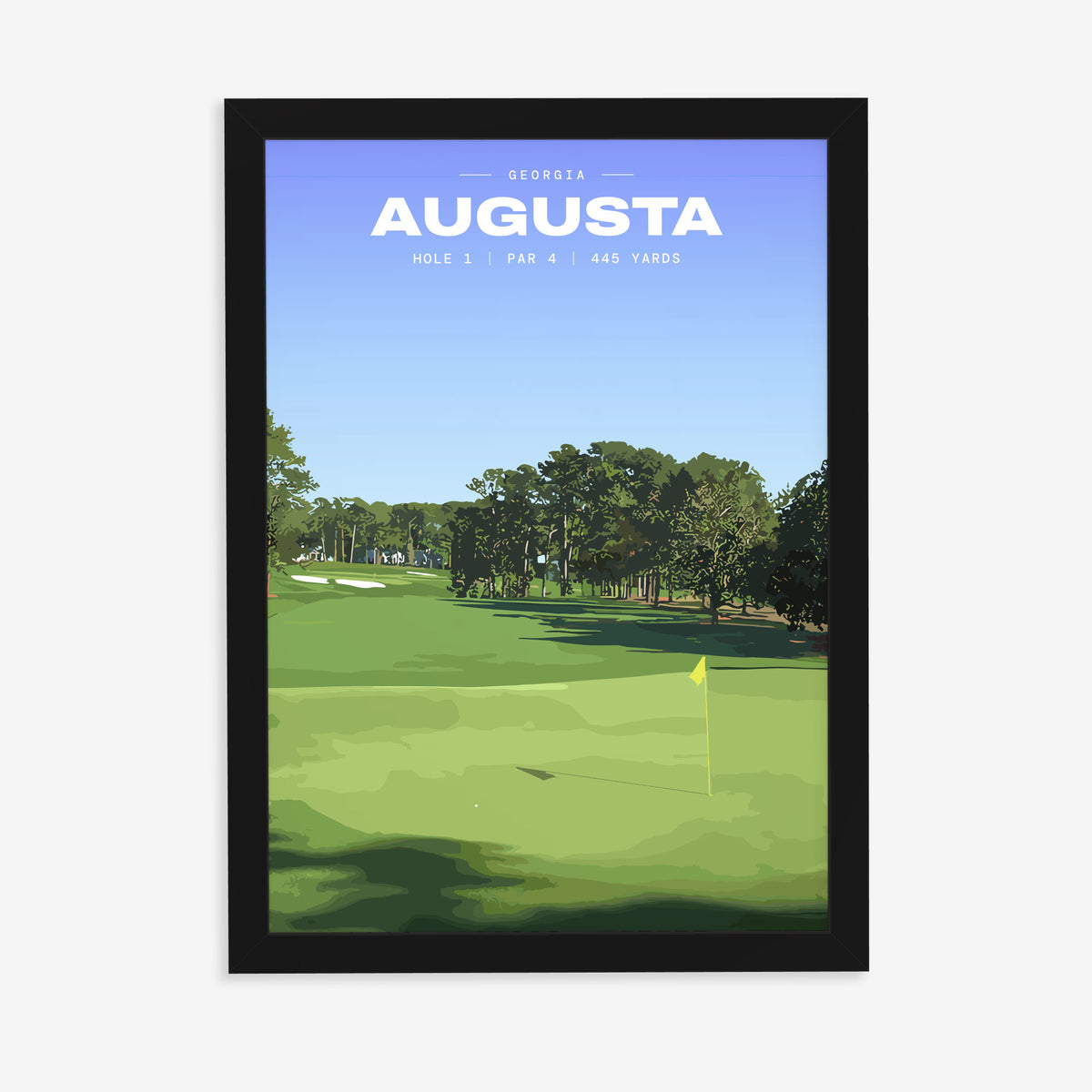Augusta 1st hole golf print of an uphill fairway to a yellow flag, in a black frame on a plain wall