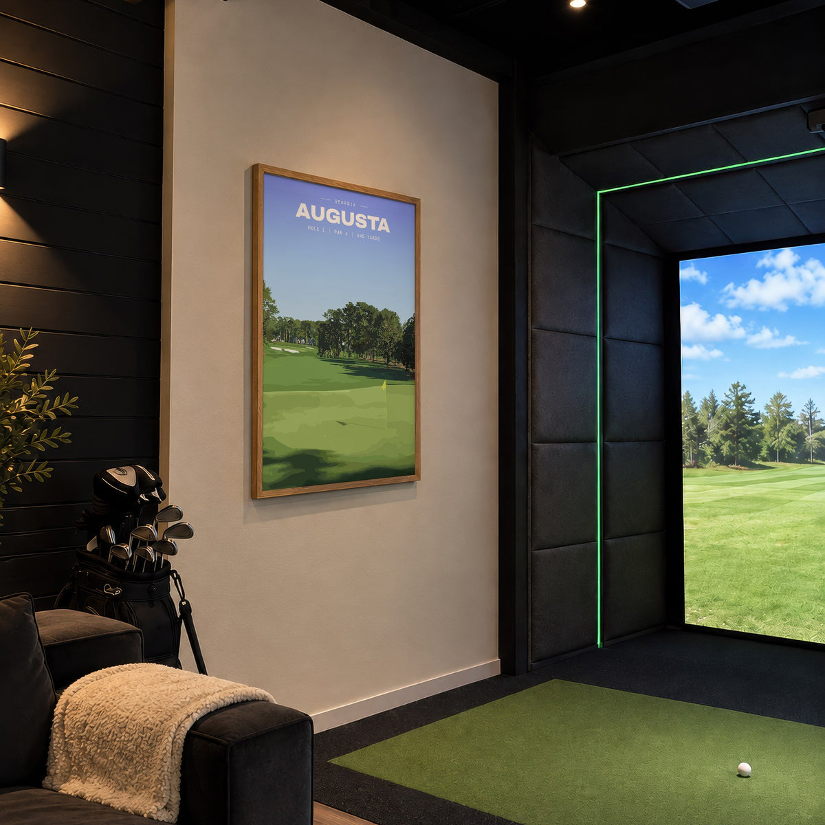 Augusta 1st hole golf print of an uphill fairway to a yellow flag, framed in a golf simulator room
