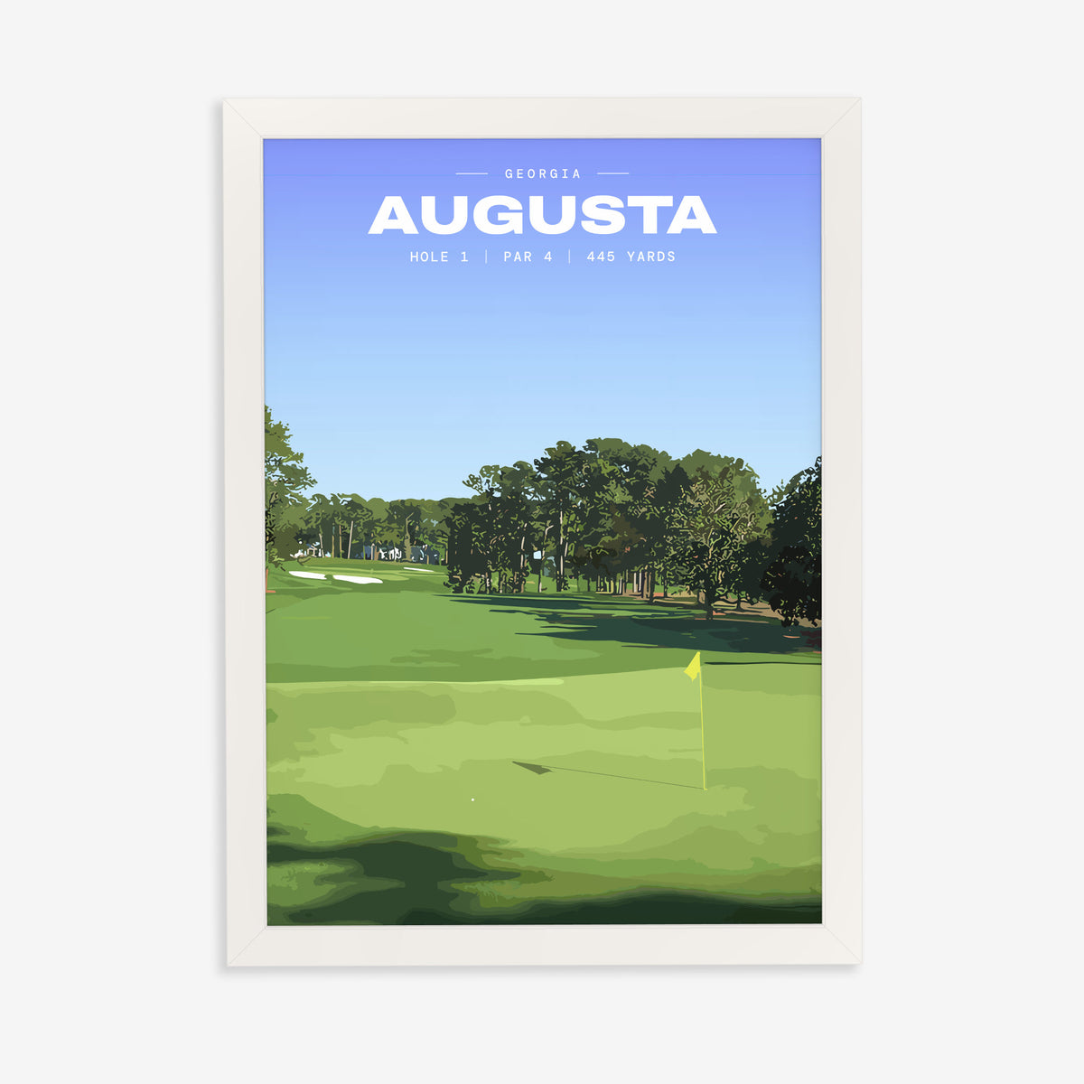 Augusta 1st hole golf print of an uphill fairway to a yellow flag, in a white frame on a plain wall