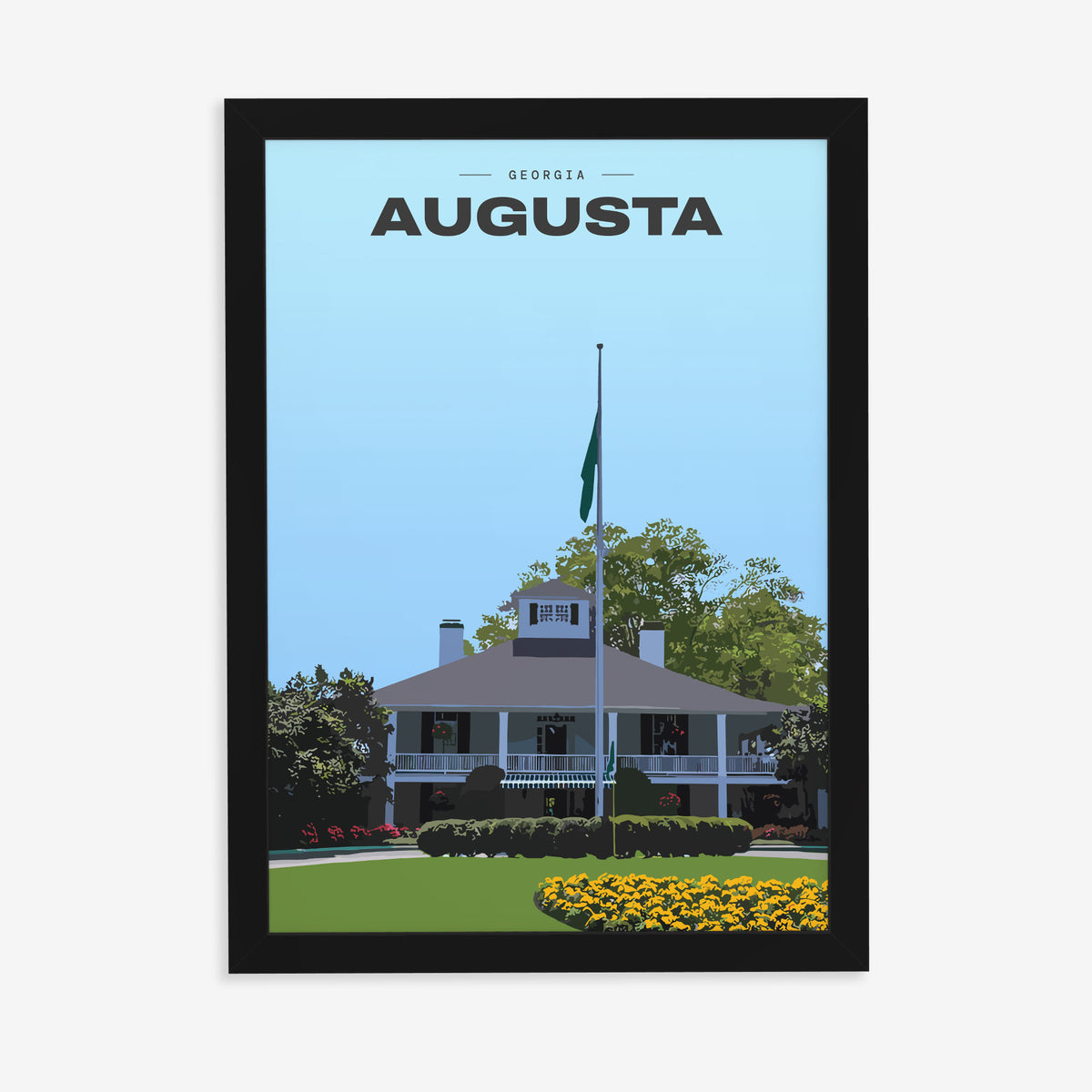 Augusta The Clubhouse golf print of the white clubhouse and yellow flowers, in a black frame on a plain wall