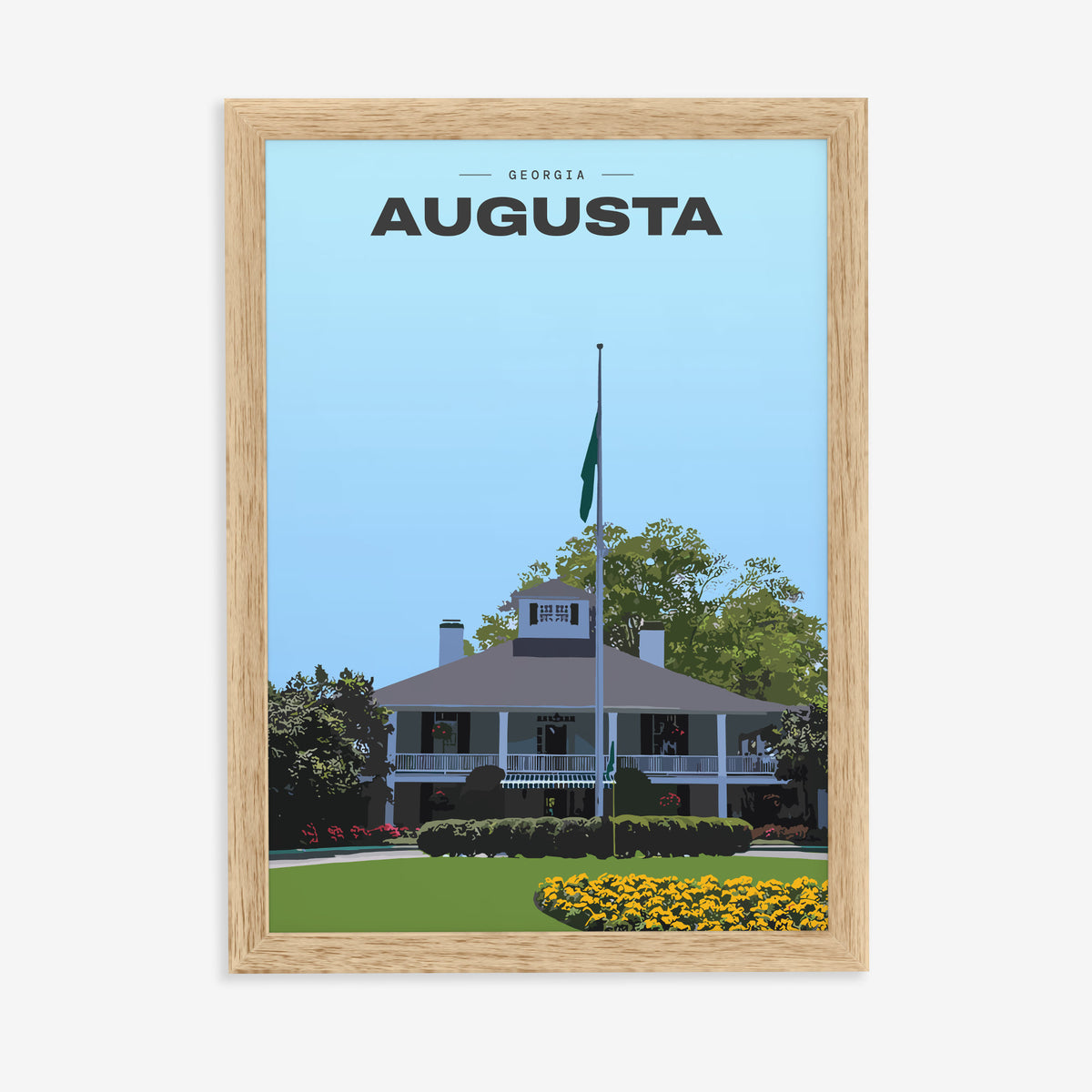 Augusta The Clubhouse golf print of the white clubhouse and yellow flowers, in a natural wood frame on a plain wall