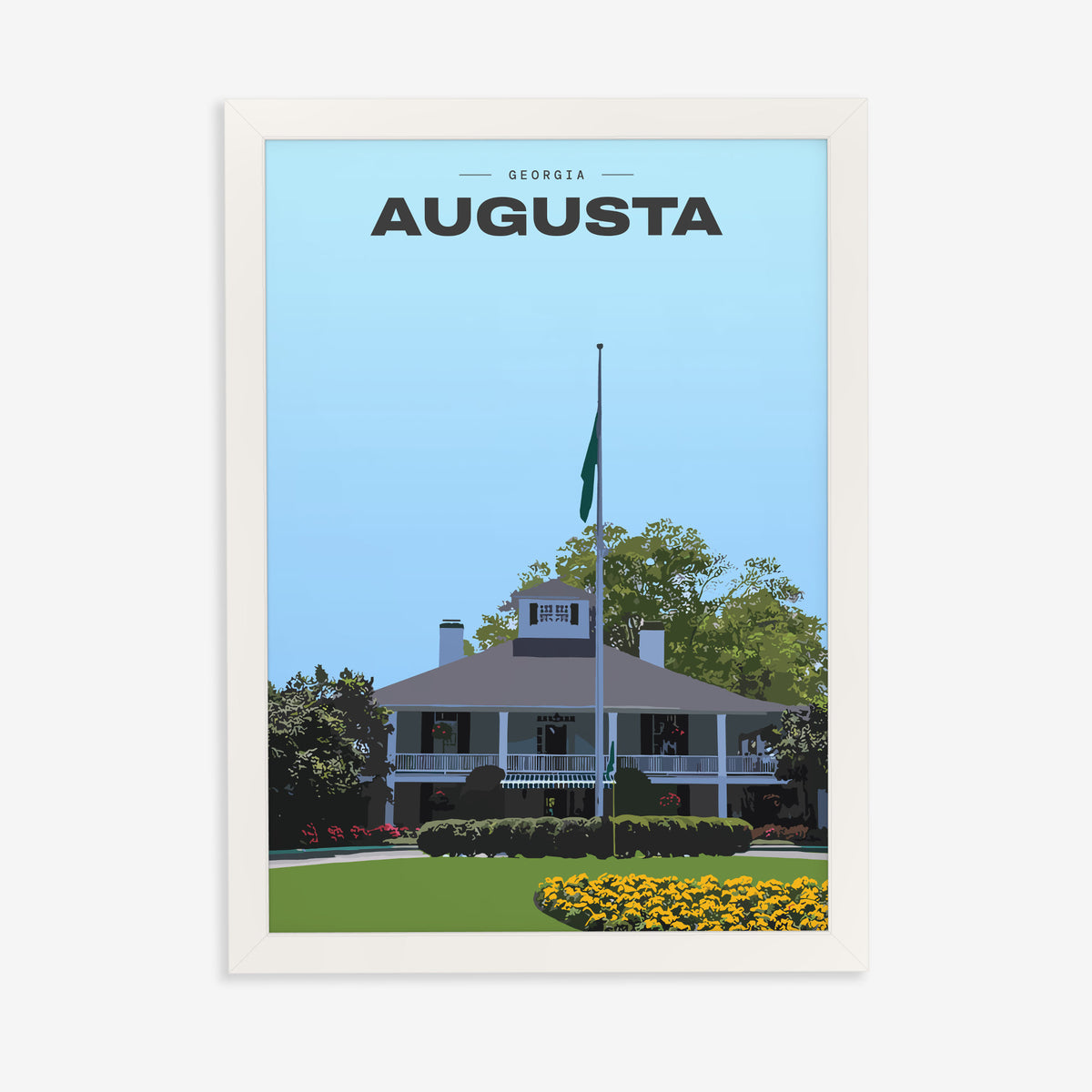 Augusta The Clubhouse golf print of the white clubhouse and yellow flowers, in a white frame on a plain wall