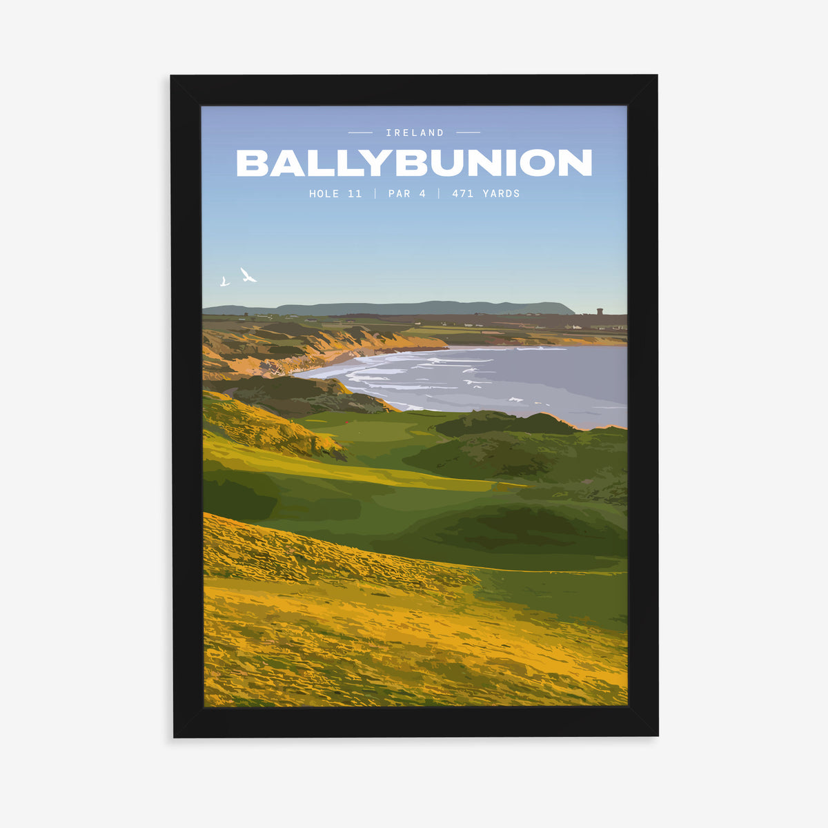 Ballybunion 11th hole golf print of dunes running down to an Atlantic bay, in a black frame on a plain wall
