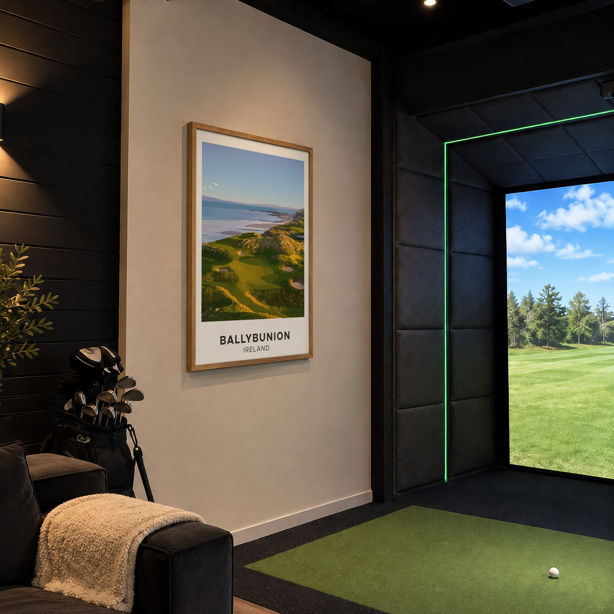Ballybunion golf print of links greens above the sea, cream border, framed in a golf simulator room