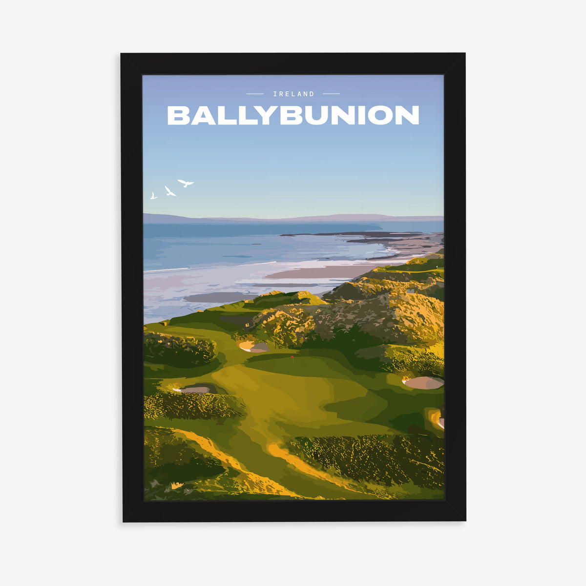 Ballybunion golf print of links greens in the dunes above the sea, in a black frame on a plain wall