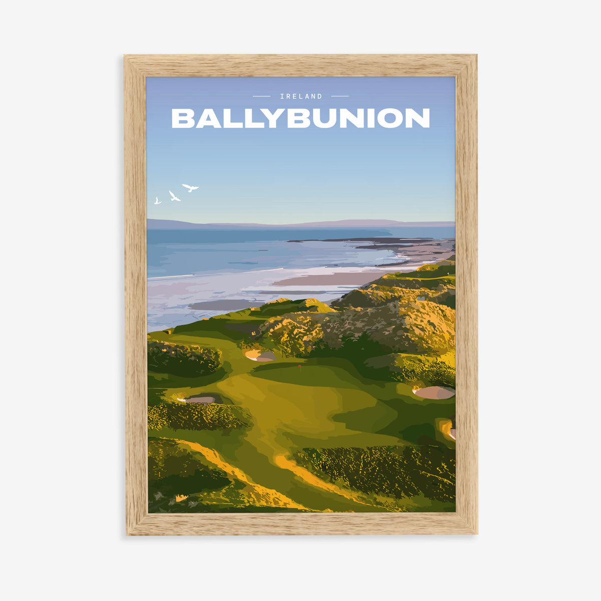 Ballybunion golf print of links greens in the dunes above the sea, in a natural wood frame on a plain wall