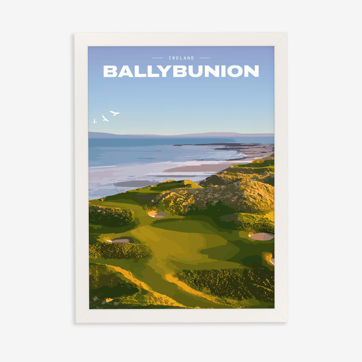 Ballybunion golf print of links greens in the dunes above the sea, in a white frame on a plain wall