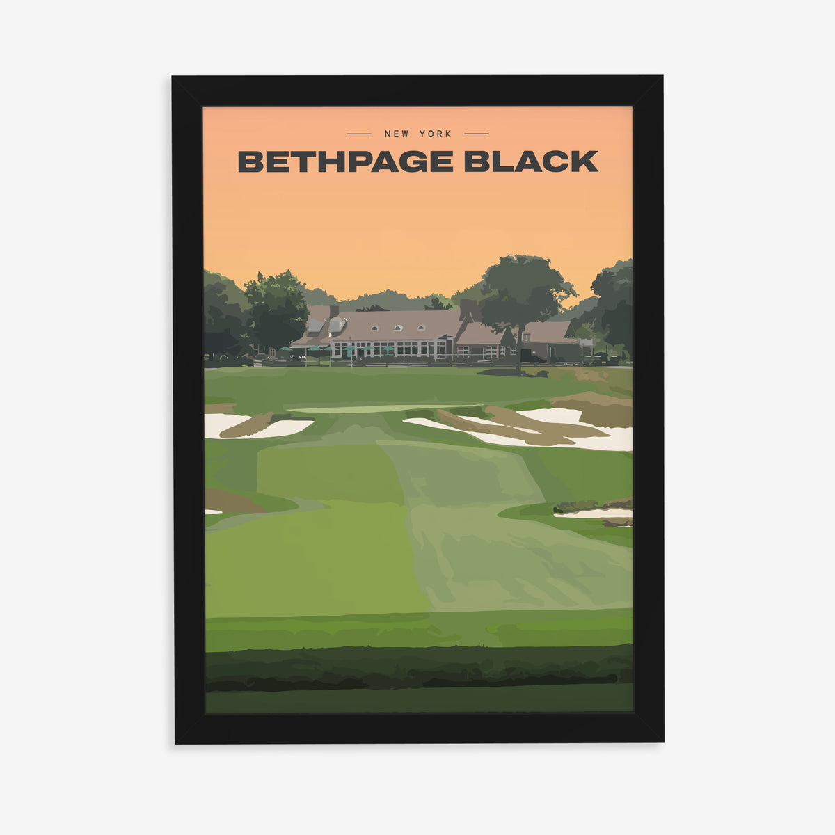 Bethpage Black golf print of a bunkered fairway up to the clubhouse, in a black frame on a plain wall