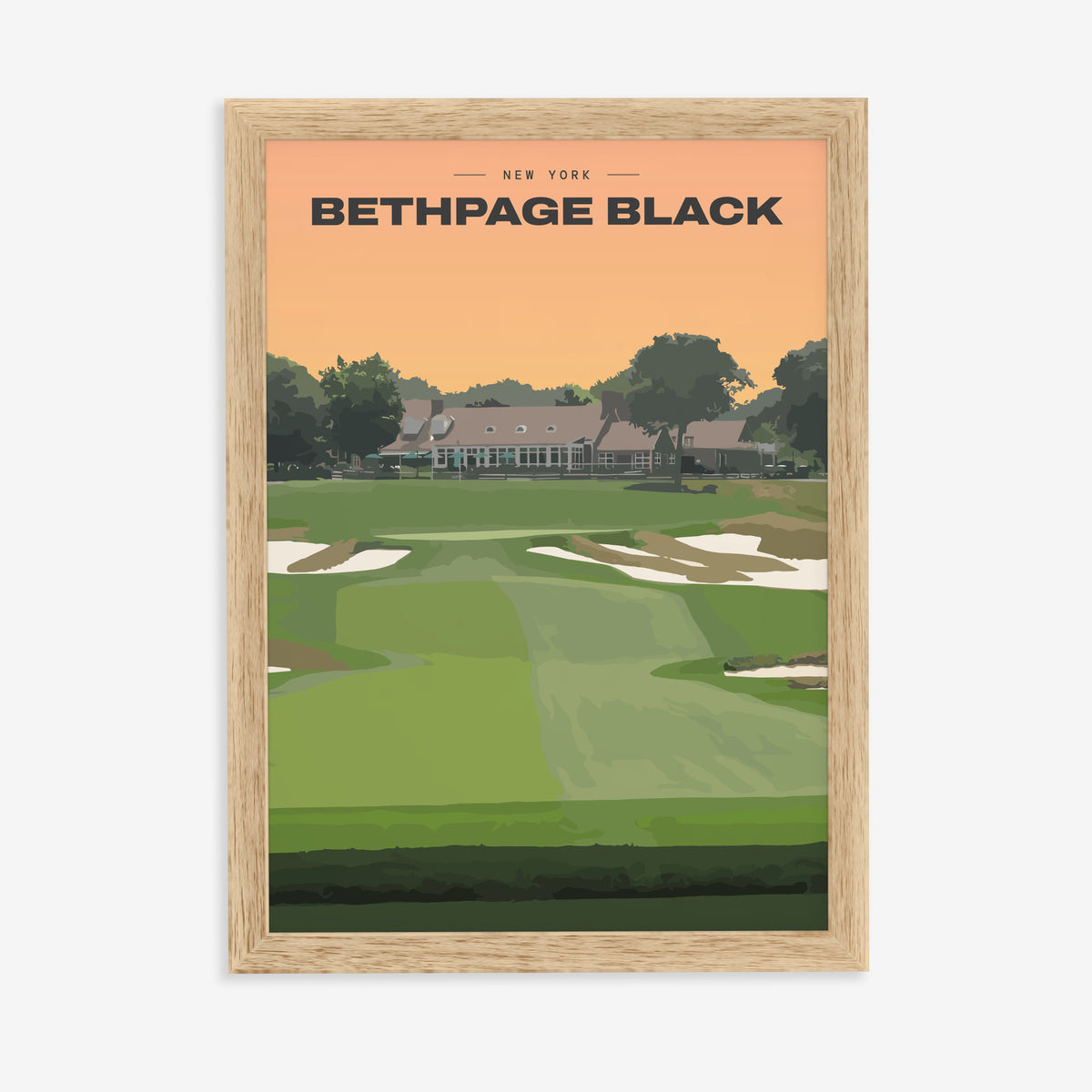 Bethpage Black golf print of a bunkered fairway up to the clubhouse, in a natural wood frame on a plain wall