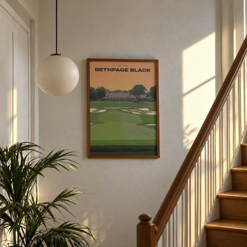 Bethpage Black golf print of a bunkered fairway up to the clubhouse, framed above a sunlit staircase