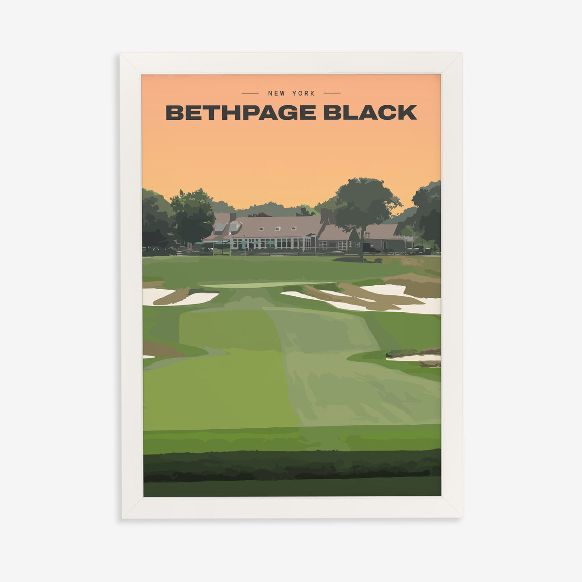 Bethpage Black golf print of a bunkered fairway up to the clubhouse, in a white frame on a plain wall