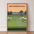 Bethpage Black golf print of a bunkered fairway up to the clubhouse, in an oak frame, leaning against a wall on a herringbone floor