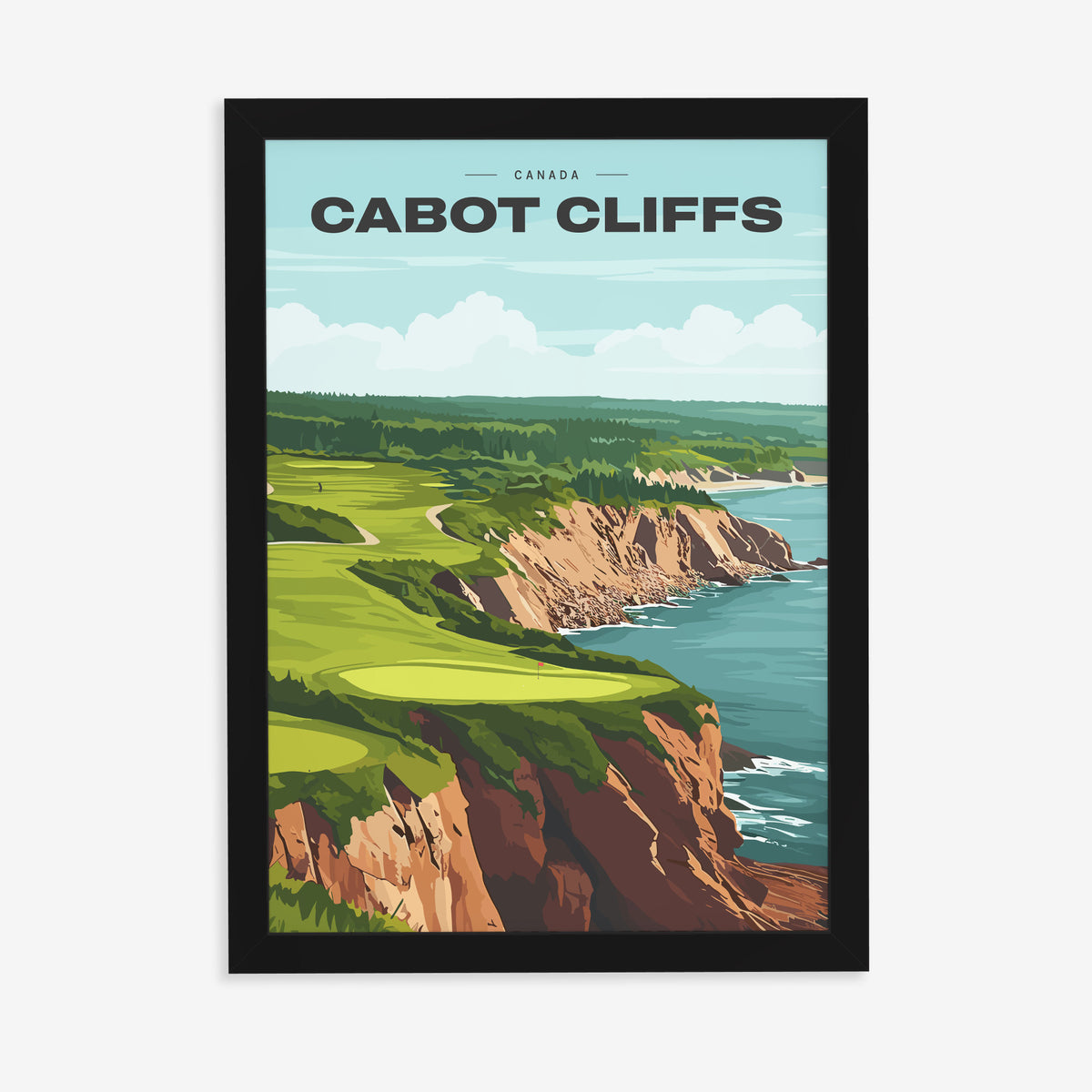 Cabot Cliffs golf print of a green on red clifftops above the sea, in a black frame on a plain wall