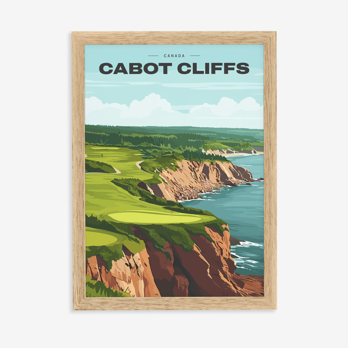 Cabot Cliffs golf print of a green on red clifftops above the sea, in a natural wood frame on a plain wall