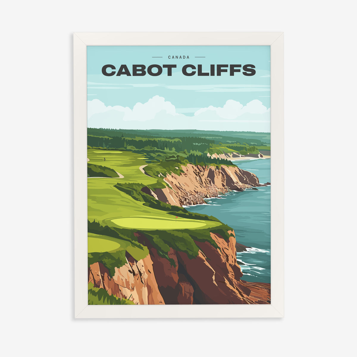 Cabot Cliffs golf print of a green on red clifftops above the sea, in a white frame on a plain wall