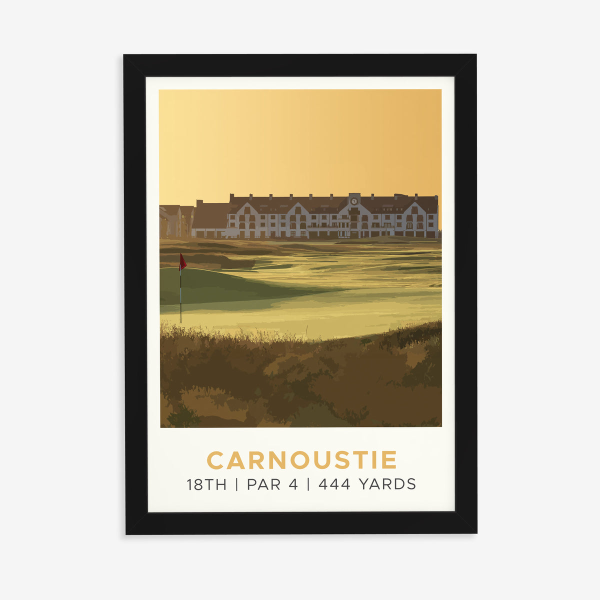 Carnoustie 18th hole golf print of the 18th green in golden light, in a black frame on a plain wall