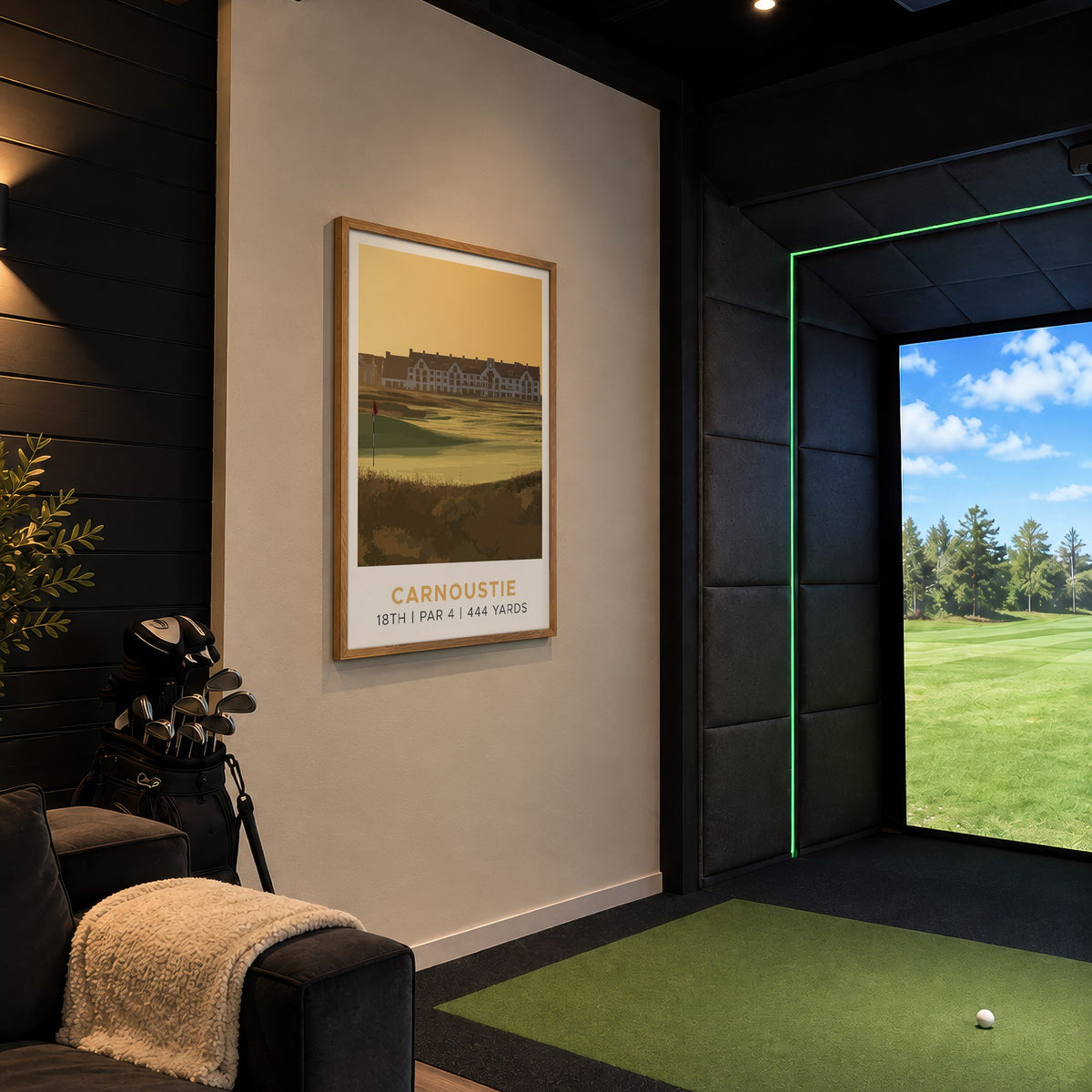 Carnoustie 18th hole golf print of the 18th green in golden light, framed in a golf simulator room
