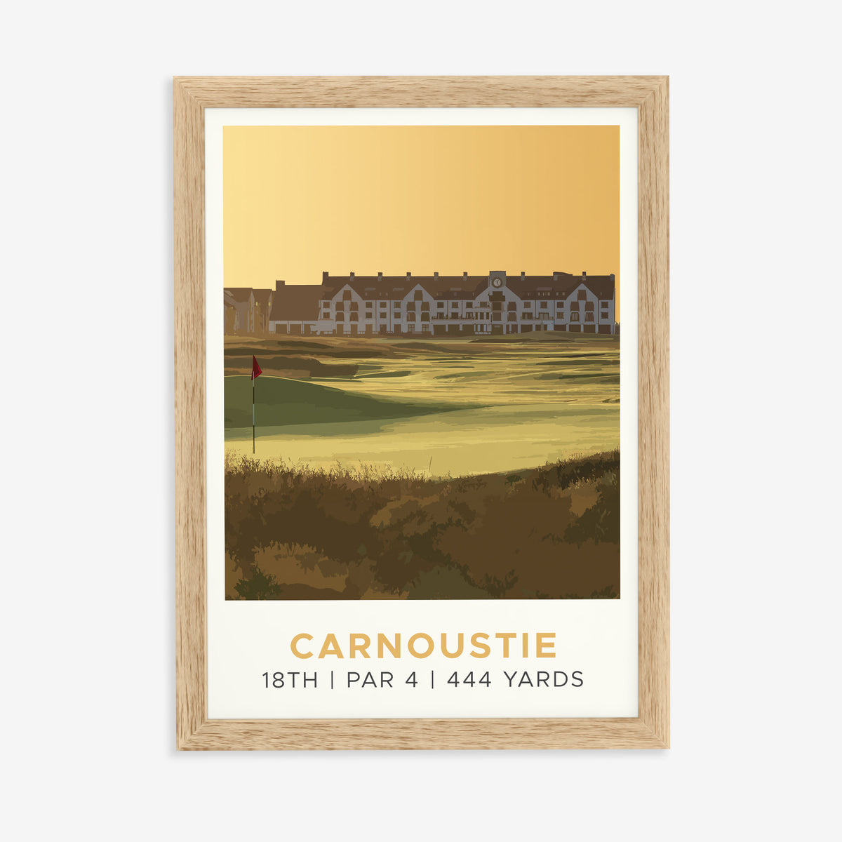 Carnoustie 18th hole golf print of the 18th green in golden light, in a natural wood frame on a plain wall