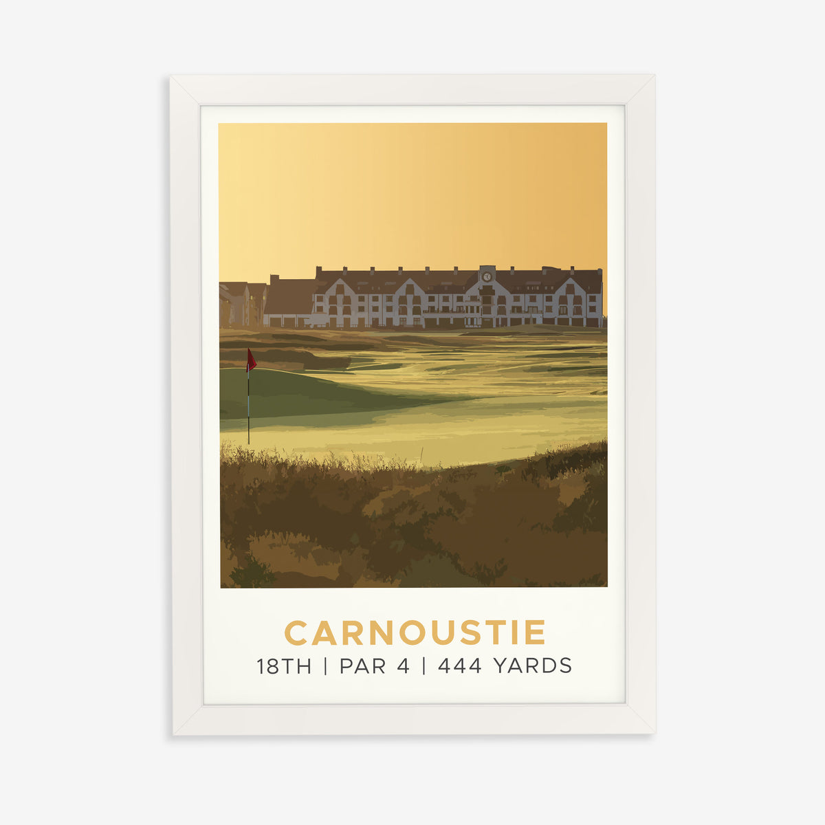 Carnoustie 18th hole golf print of the 18th green in golden light, in a white frame on a plain wall