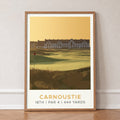 Carnoustie 18th hole golf print of the 18th green in golden light, in an oak frame, leaning against a wall on a herringbone floor