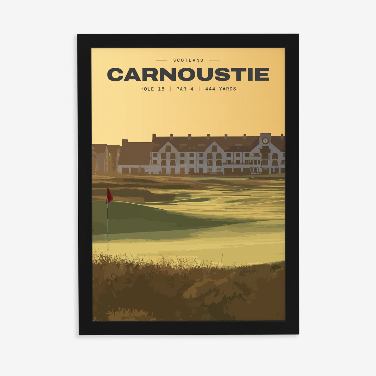 Carnoustie 18th hole golf print of the 18th green at dusk, the hotel behind, in a black frame on a plain wall