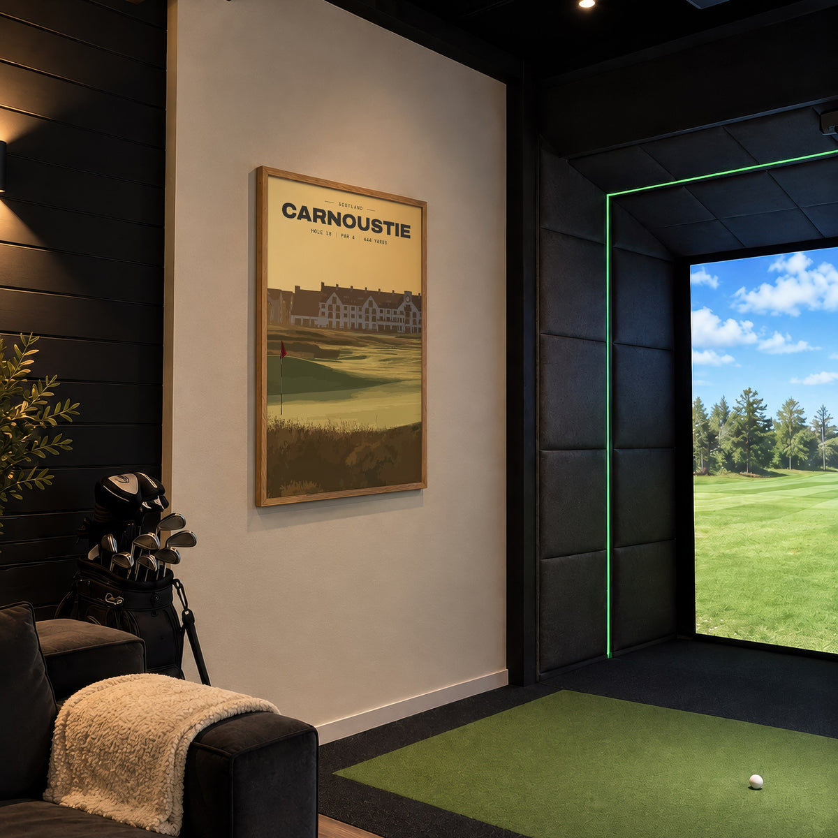 Carnoustie 18th hole golf print of the 18th green at dusk, the hotel behind, framed in a golf simulator room