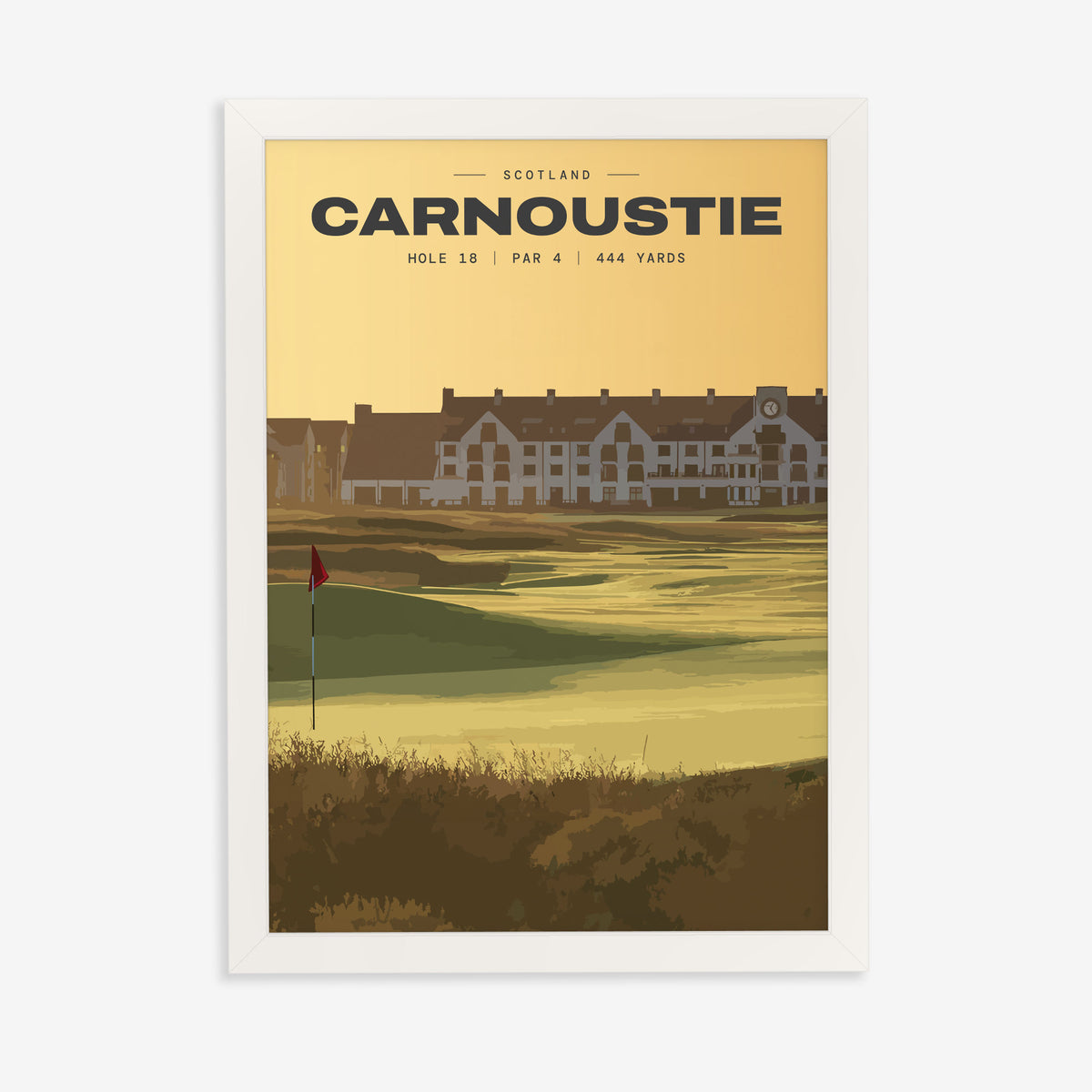Carnoustie 18th hole golf print of the 18th green at dusk, the hotel behind, in a white frame on a plain wall