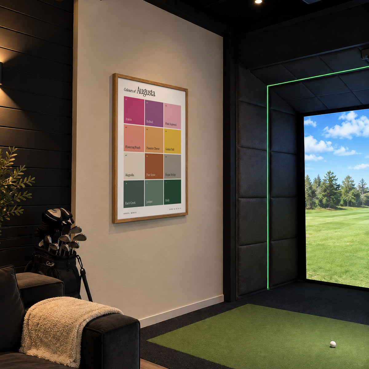 Colours of Augusta print of twelve named colour squares on white, framed in a golf simulator room