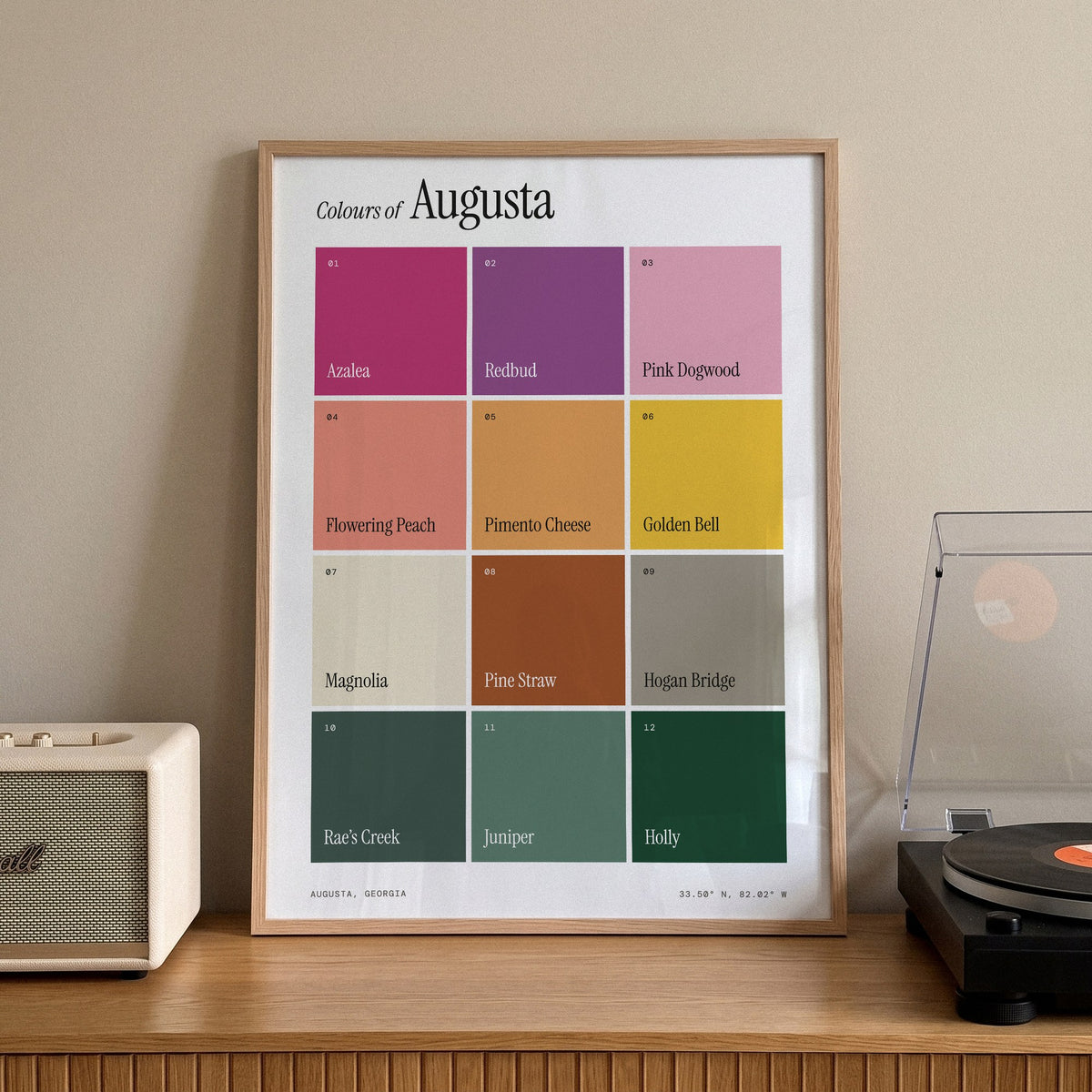 Colours of Augusta print of twelve named colour squares on white, framed on a sideboard beside a record player