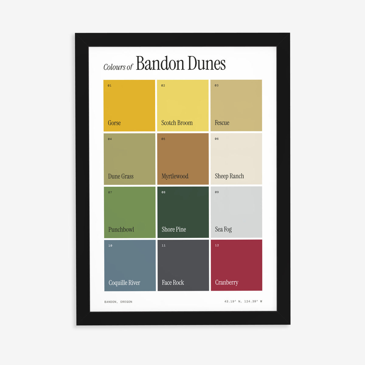Colours of Bandon Dunes print of twelve named colour squares on white, in a black frame on a plain wall