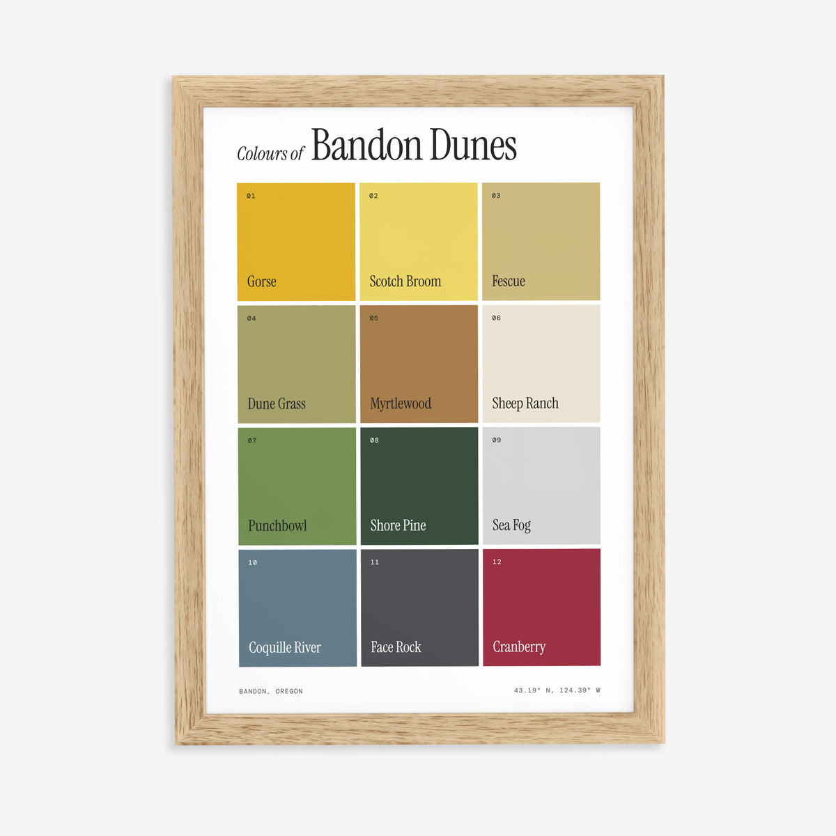 Colours of Bandon Dunes print of twelve named colour squares on white, in a natural wood frame on a plain wall
