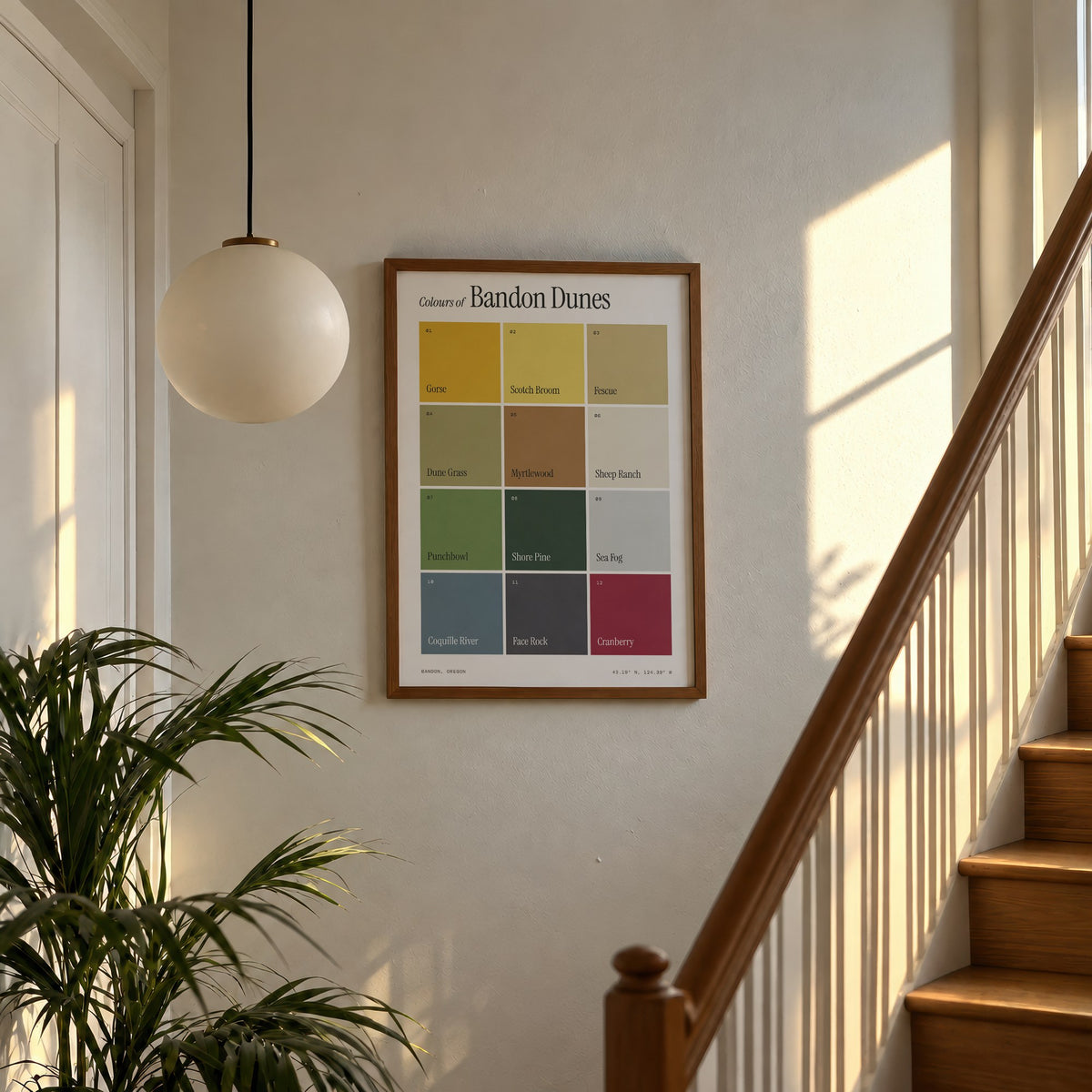 Colours of Bandon Dunes print of twelve named colour squares on white, framed above a sunlit staircase