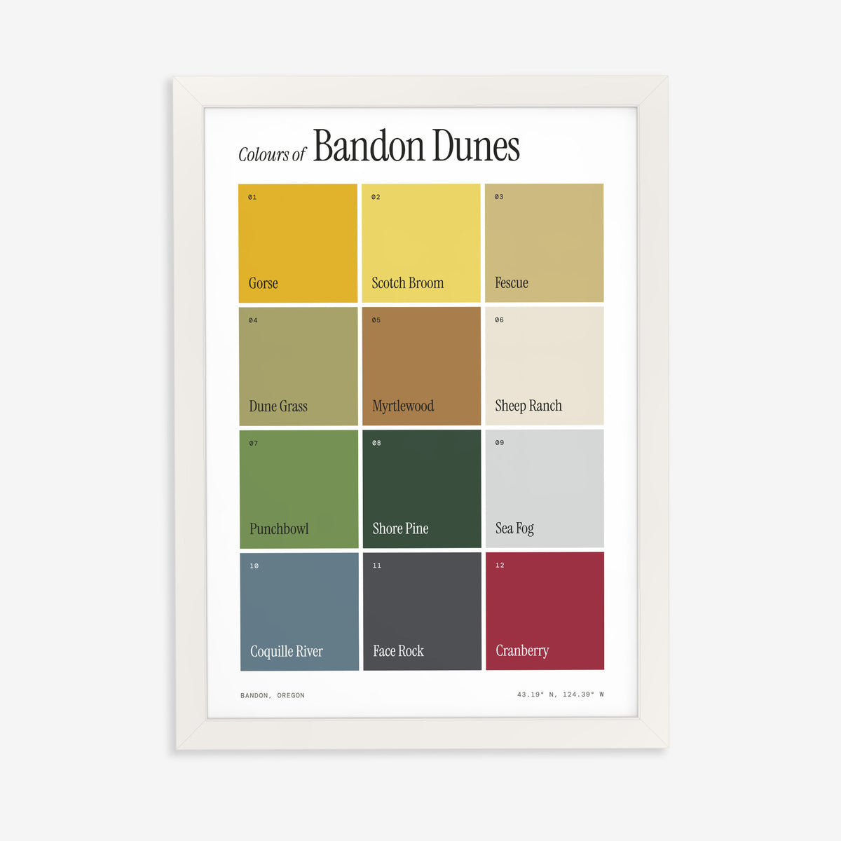 Colours of Bandon Dunes print of twelve named colour squares on white, in a white frame on a plain wall