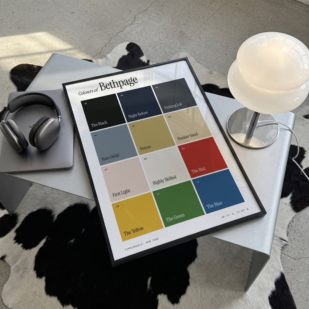 Colours of Bethpage print of twelve named colour squares on white, framed, lying on a steel table on a cowhide rug