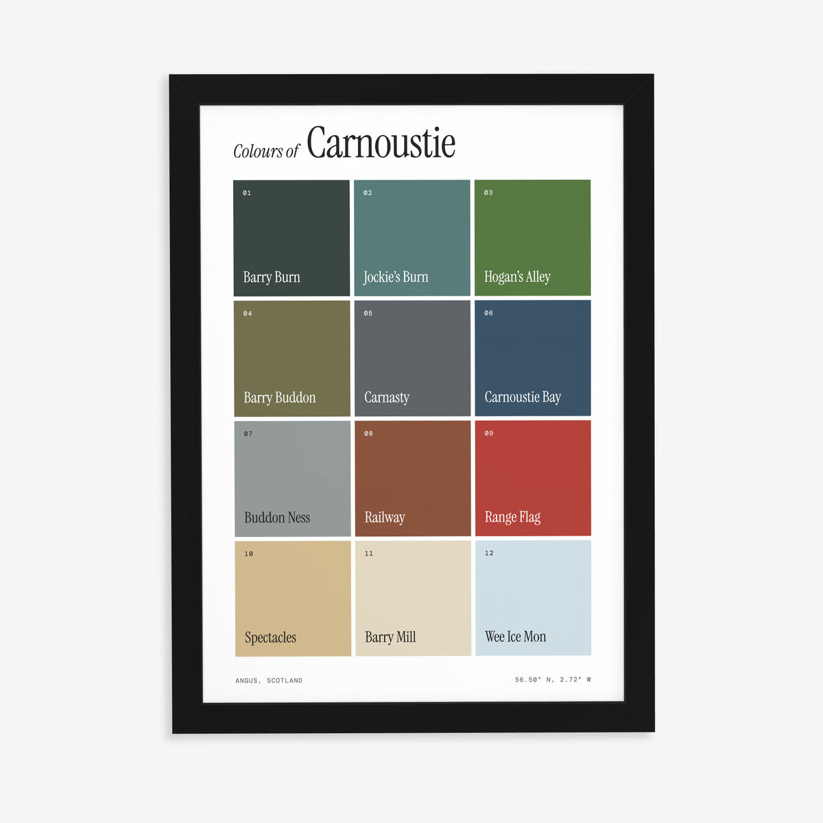Colours of Carnoustie print of twelve named colour squares on white, in a black frame on a plain wall