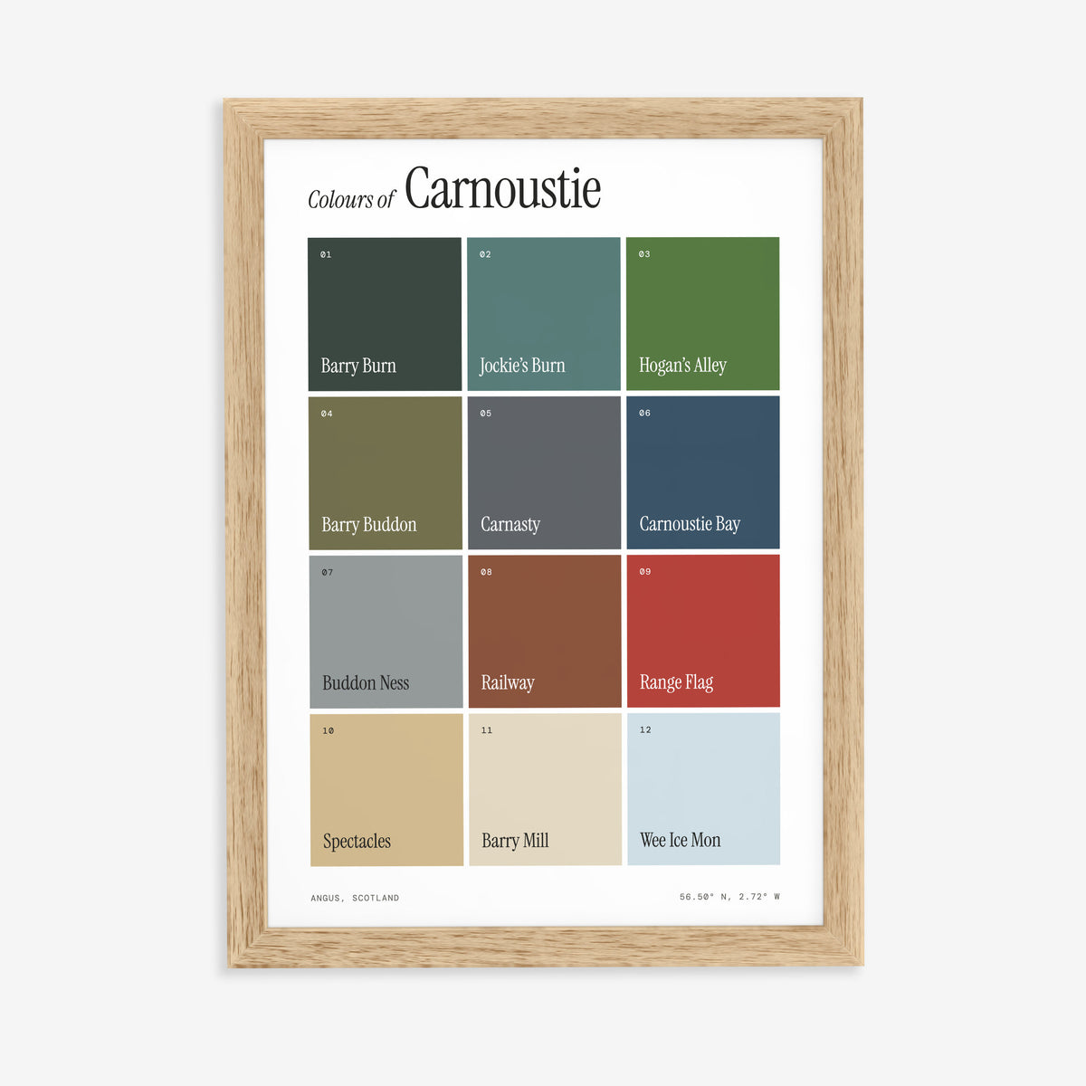 Colours of Carnoustie print of twelve named colour squares on white, in a natural wood frame on a plain wall