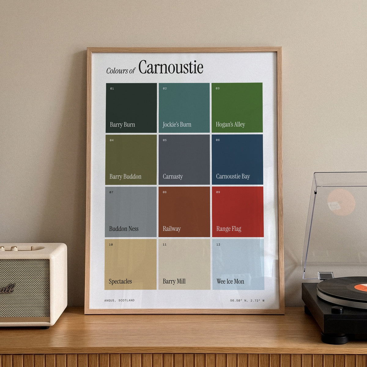 Colours of Carnoustie print of twelve named colour squares on white, framed on a sideboard beside a record player